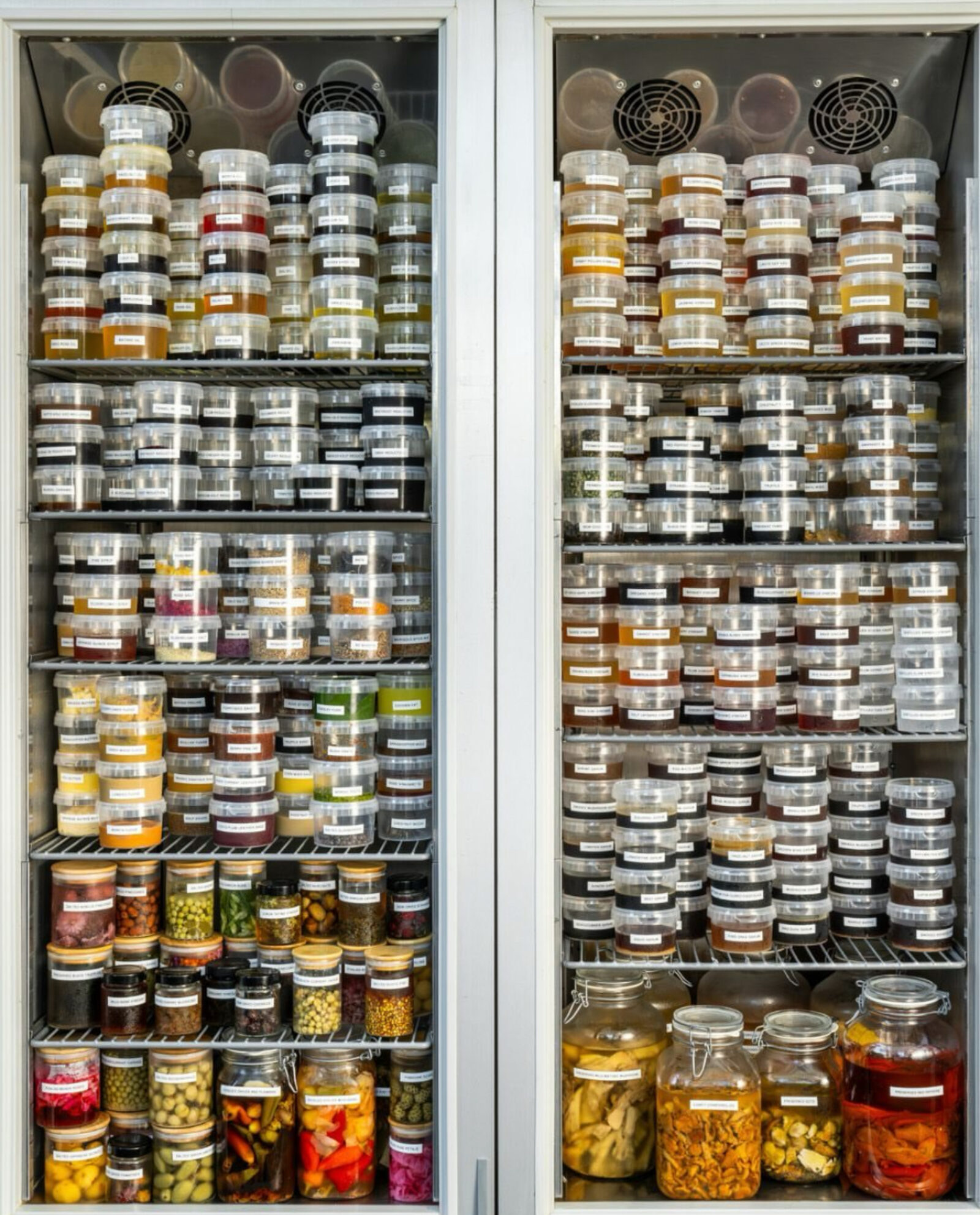 Noma kitchen fermentation pantry with labeled jars and containers