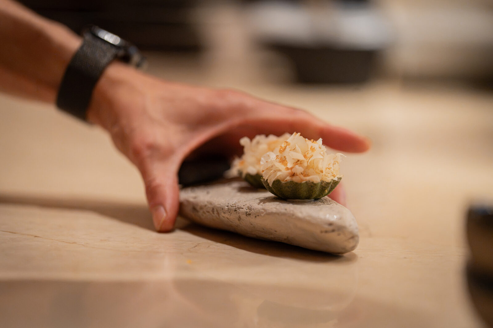 Sea fingers tart, mornay sauce, shaved walnut, Yeongam fish roe plating