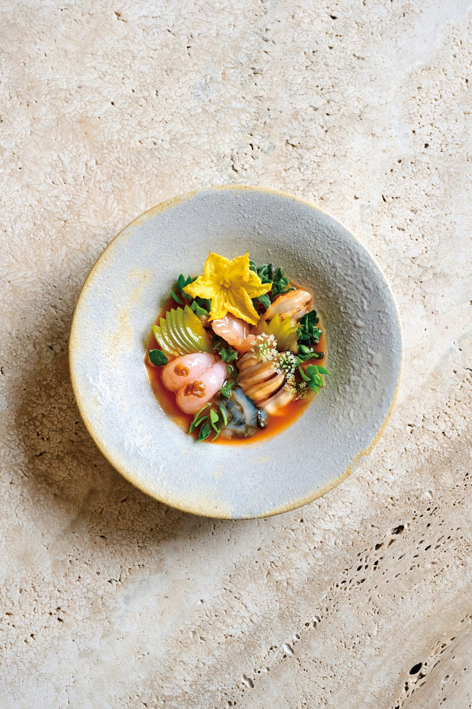 Seasonal seafood, green plum, fermented rice water, bay leaf vinegar, gochujang plating
